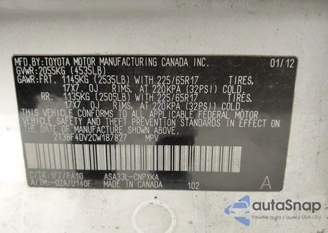 2012 Toyota Rav4 z USA, uszkodzony, nr VIN 2T3BF4DV2CW187827